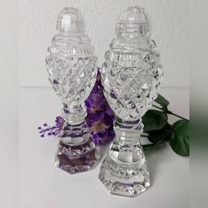 Vintage Bohemian Cut Clear Crystal Pedestal Salt & Pepper Shakers Prism Bottom